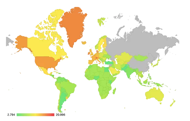Netflix全球Premium套餐價格分布热力图 Netflix全球價格分布热力图