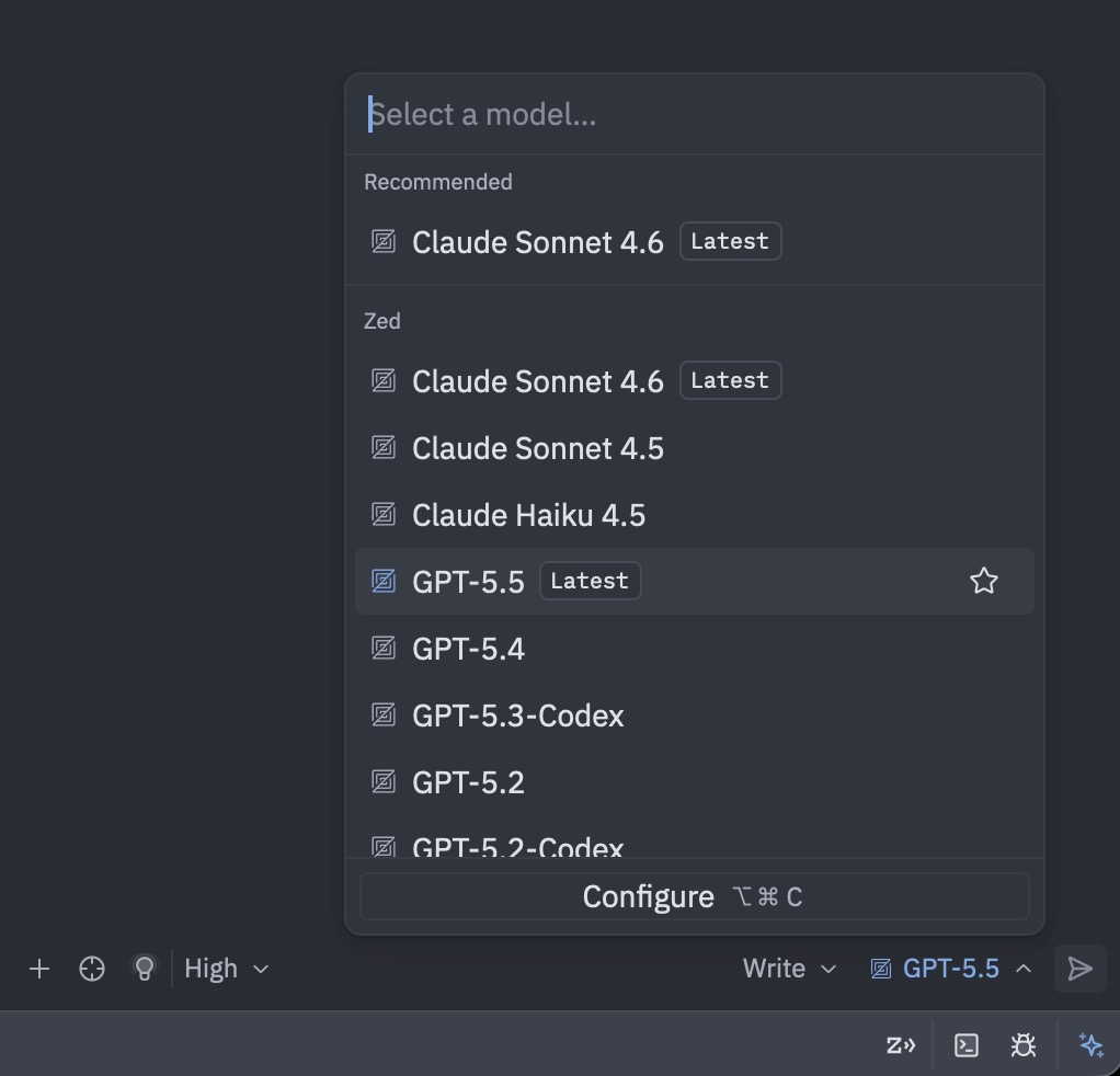 Zed Agent 面板模型切换：GPT 5.5、Claude Sonnet 4.6、Gemini Flash 3.5 等